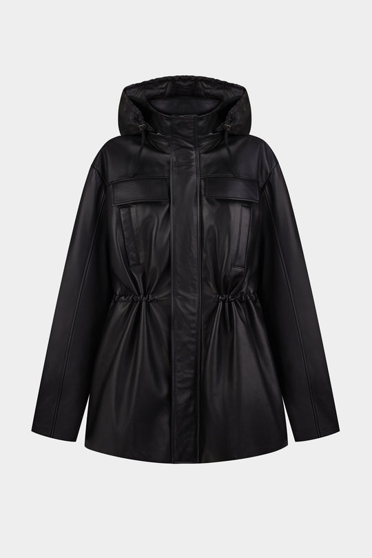 ALANA LEATHER PADDED PARKA JACKET WITH HOOD IN BLACK