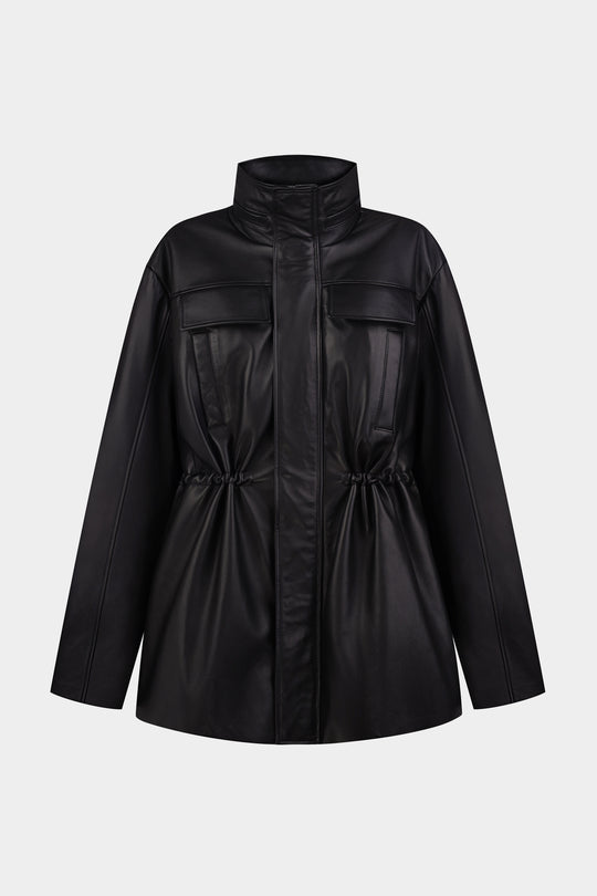 ALANA LEATHER PADDED PARKA JACKET WITH HOOD IN BLACK