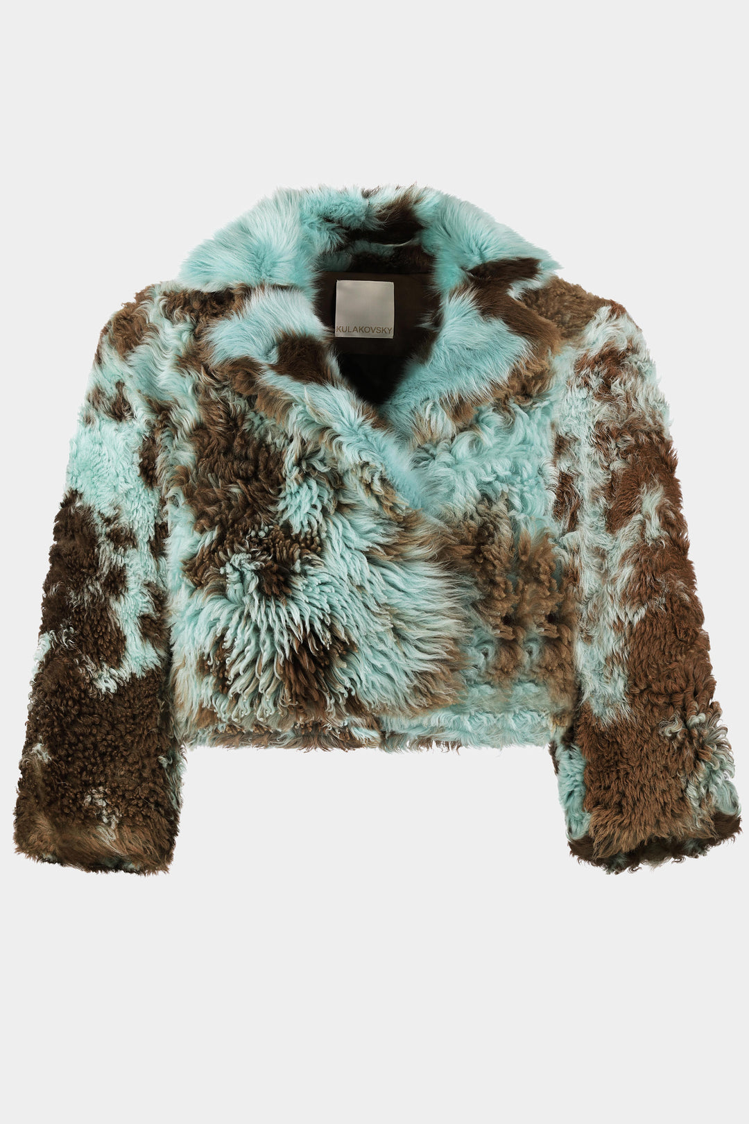 SAMANTHA CROPPED SHEARLING COAT WITH WIDE SHOULDERS IN BLUE COW PRINT