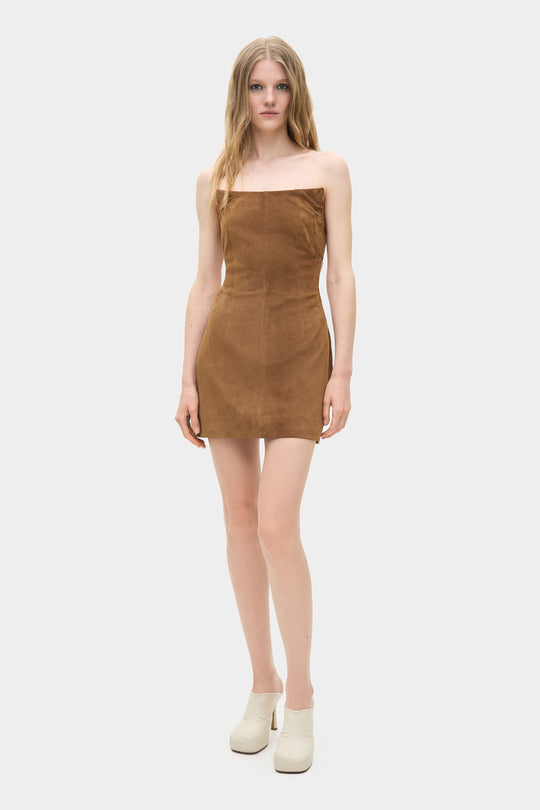 LILITH SUEDE COCKTAIL MINI DRESS IN TOBACCO