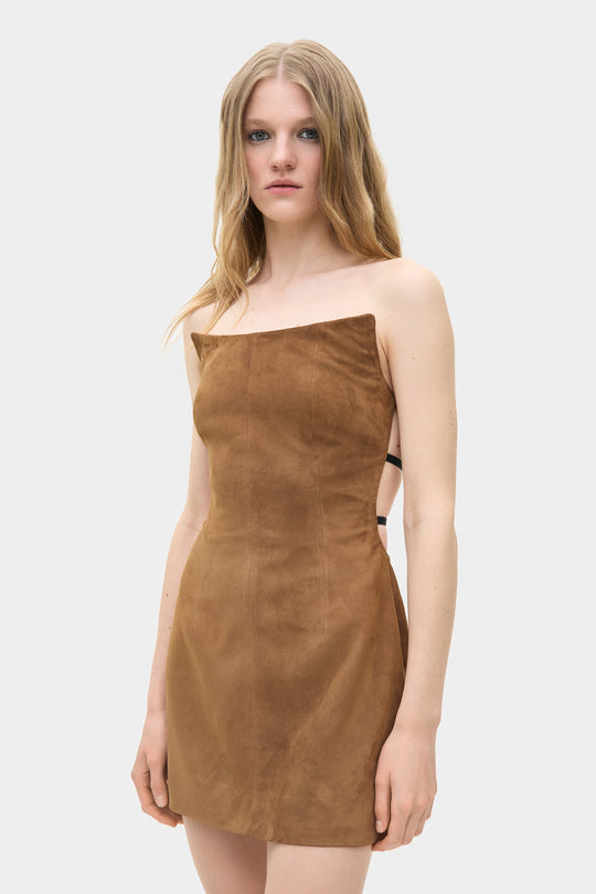 LILITH SUEDE COCKTAIL MINI DRESS IN TOBACCO