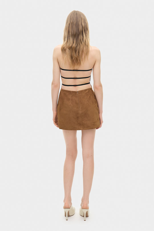LILITH SUEDE COCKTAIL MINI DRESS IN TOBACCO