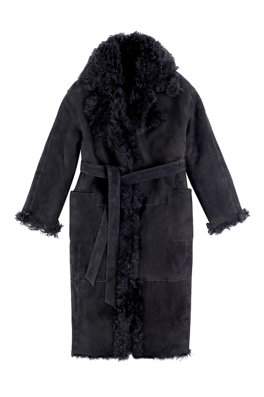 LONG BELTED SUEDE SHEARLING COAT IN BLACK COLOR