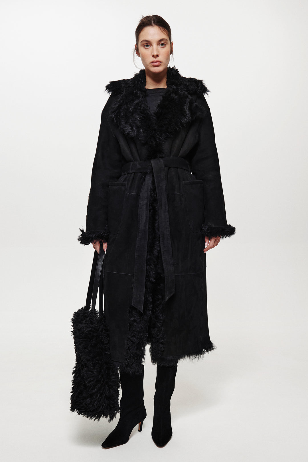 LONG BELTED SUEDE SHEARLING COAT IN BLACK COLOR