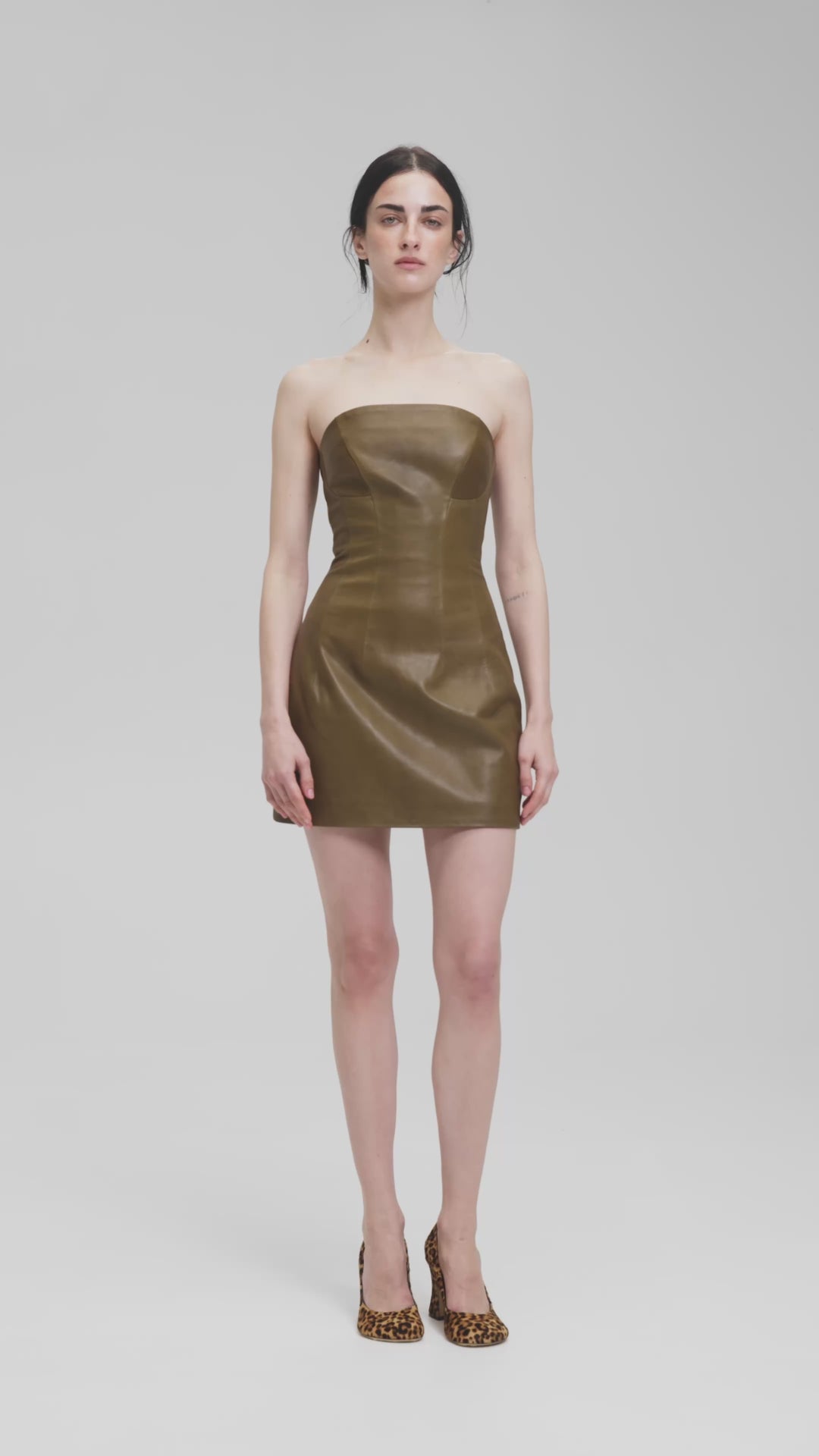 DESIREE LEATHER COCKTAIL MINI DRESS IN OLIVE