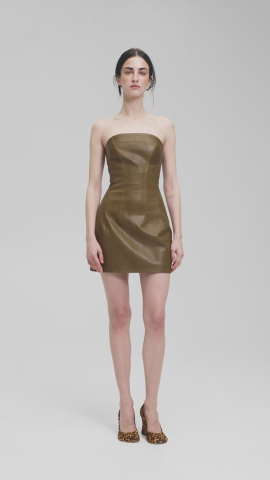 DESIREE LEATHER COCKTAIL MINI DRESS IN OLIVE