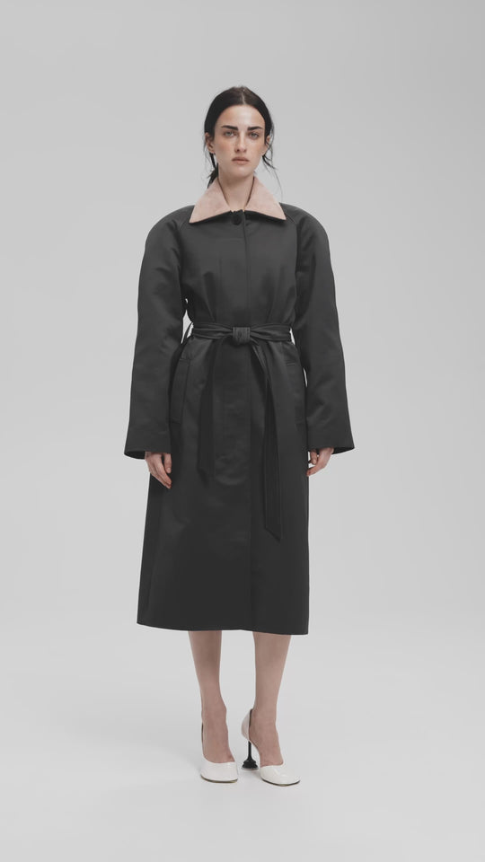 POLLY SATIN COAT WITH DETACHABLE LEATHER COLLAR IN ANTHRACITE