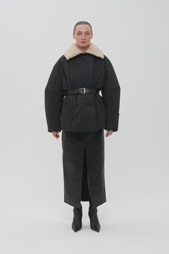 OSTIN ELONGATED PUFFER JACKET WITH DETACHABLE SHEARLING COLLAR IN BLACK