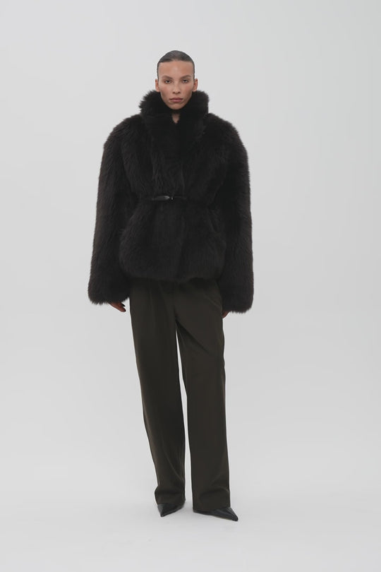 TEDDY VOLUMINOUS SHEARLING COAT IN CHOCOLATE BROWN