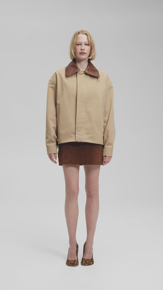 THOM COTTON BOMBER JACKET WITH DETACHABLE LEATHER COLLAR IN SAND