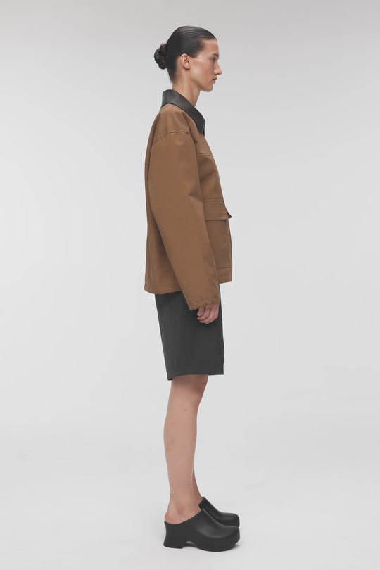 ADEL ELONGATED JACKET WITH LEATHER COLLAR IN BROWN