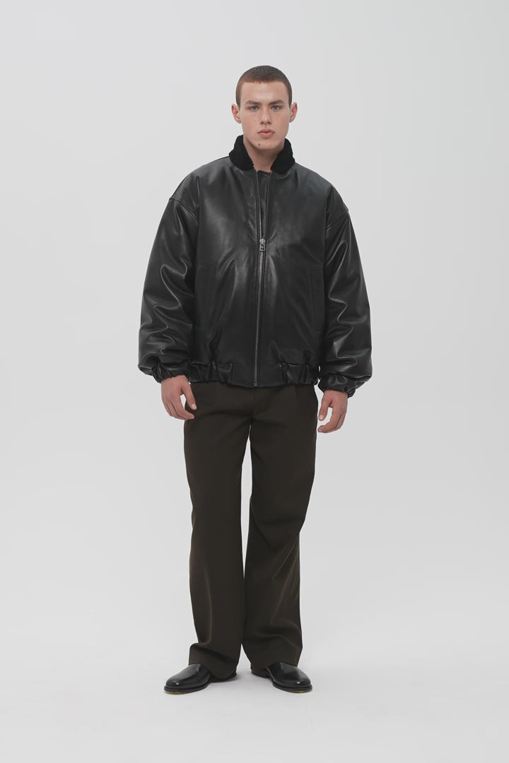 AARON LEATHER PUFFER JACKET WITH SHEARLING COLLAR IN BLACK