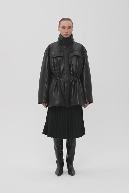 ALANA LEATHER PADDED PARKA JACKET WITH HOOD IN BLACK