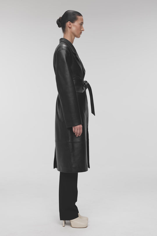 AMBITION OVERSIZED BELTED LEATHER COAT IN BLACK