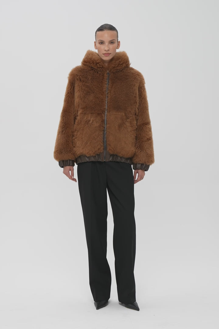 TEDDY VOLUMINOUS
  SHEARLING BOMBER JACKET IN CINNAMON