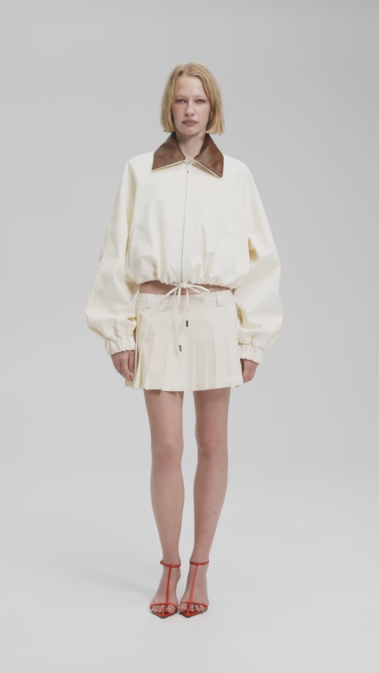 ADELINE OVERSIZED COTTON BOMBER JACKET WITH DETACHABLE LEATHER COLLAR IN MILK