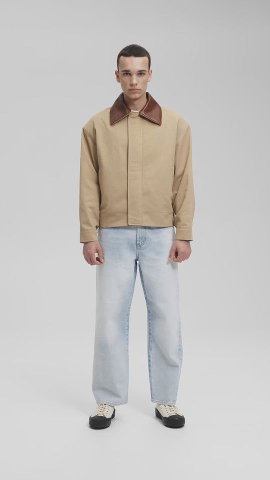 THOM COTTON BOMBER JACKET WITH DETACHABLE LEATHER COLLAR IN SAND