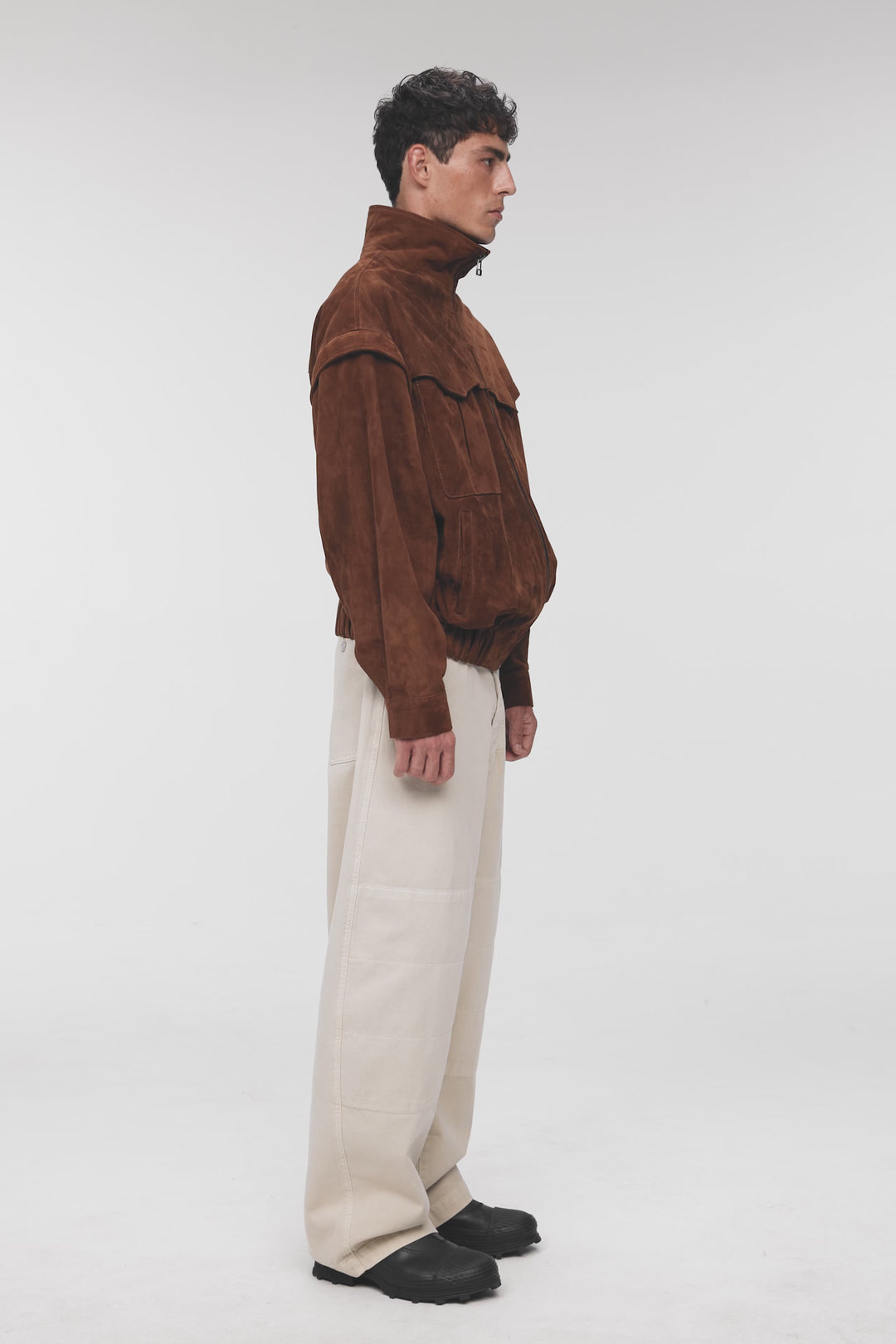 RACHEL ELONGATED TRANSFORMABLE SUEDE BOMBER JACKET IN WHISKEY BROWN