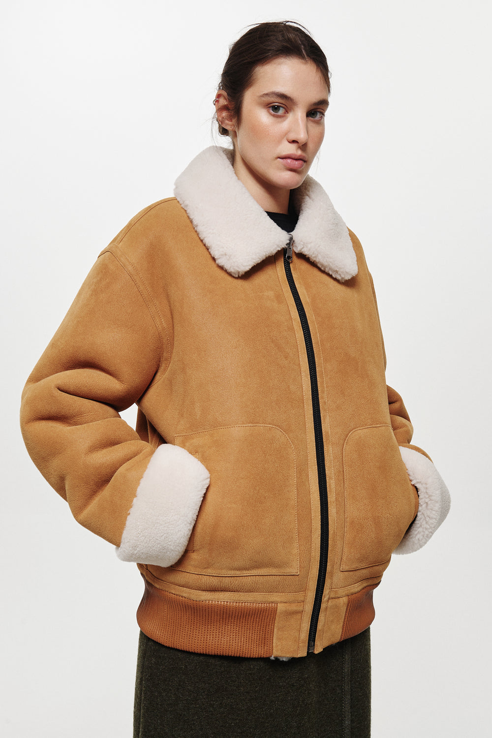 SIGNATURE REVERSIBLE SHEARLING BOMBER JACKET IN WHISKEY ORANGE