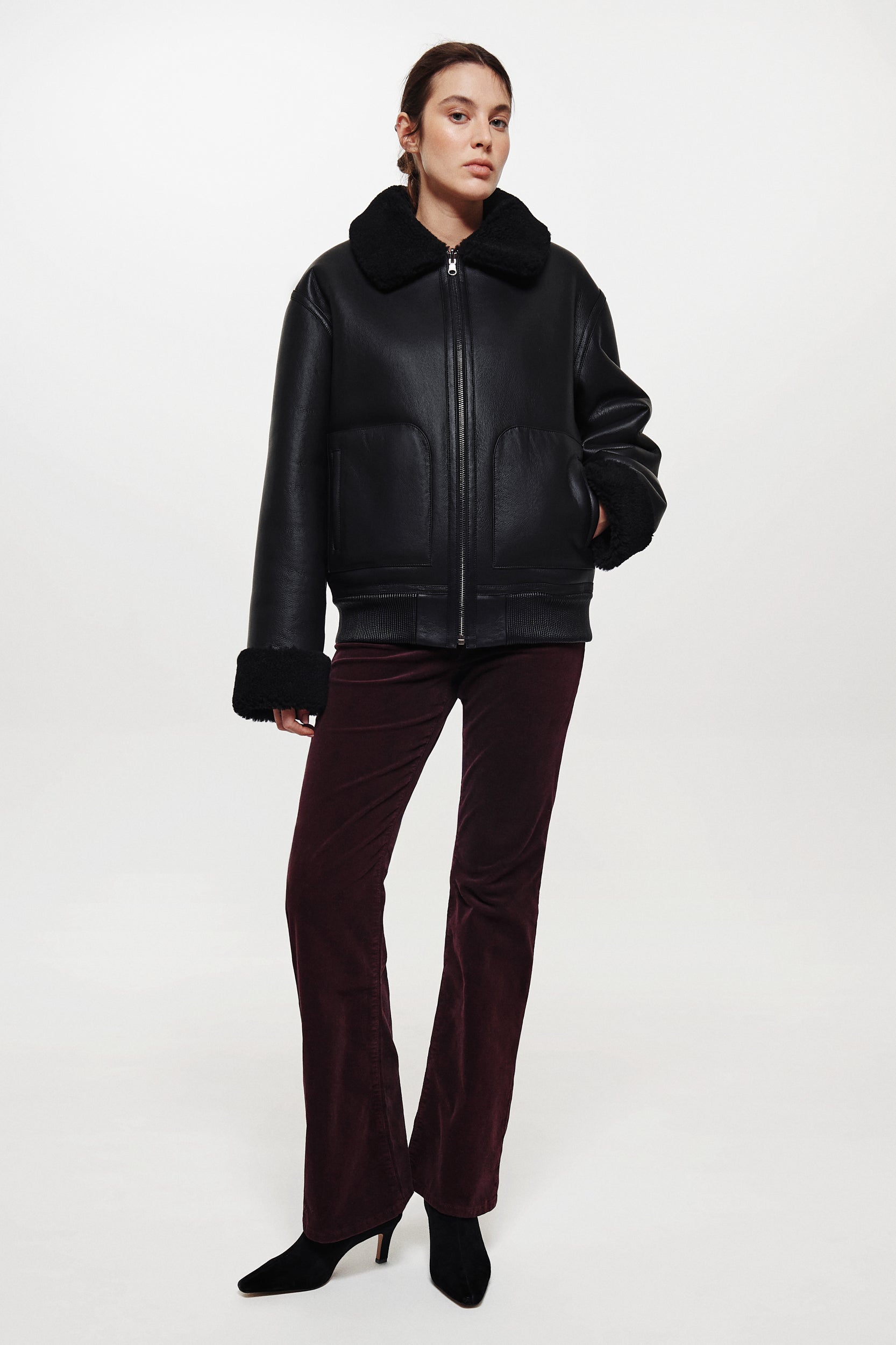 Reversible shearling bomber jacket