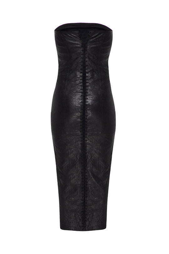 CRINKLE LEATHER LACE-UP MIDI DRESS