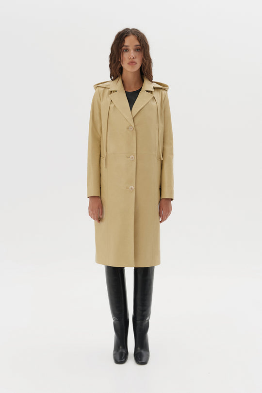 Straight-cut leather coat with removable hood.
