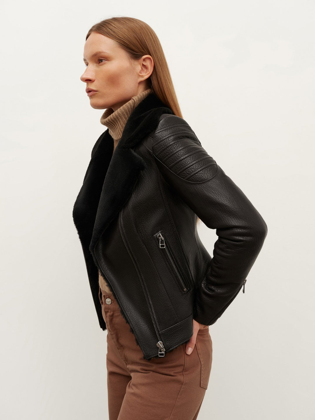 FITTED SHEARLING JACKET WITH DIAGONAL ZIP